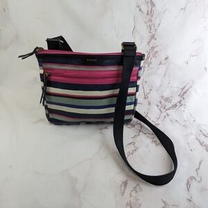 Fossil Eliza Black Multi Stripe Crossbody Messenger Bag Purse Pink Dots Stripes